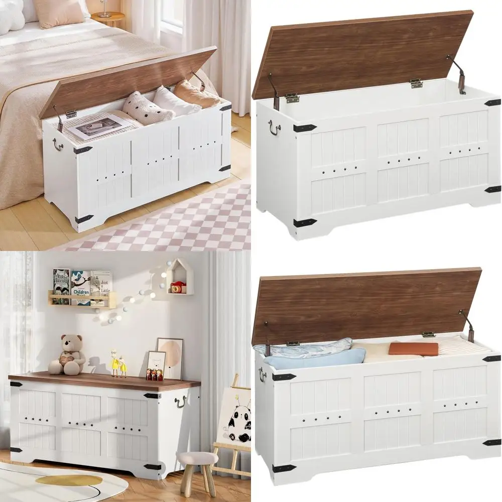 

Деревянная скамья-тумба для хранения с безопасными петлями, 39,4 дюйма, для прихожей, спальни, гостиной, белого цвета и цвета ореха