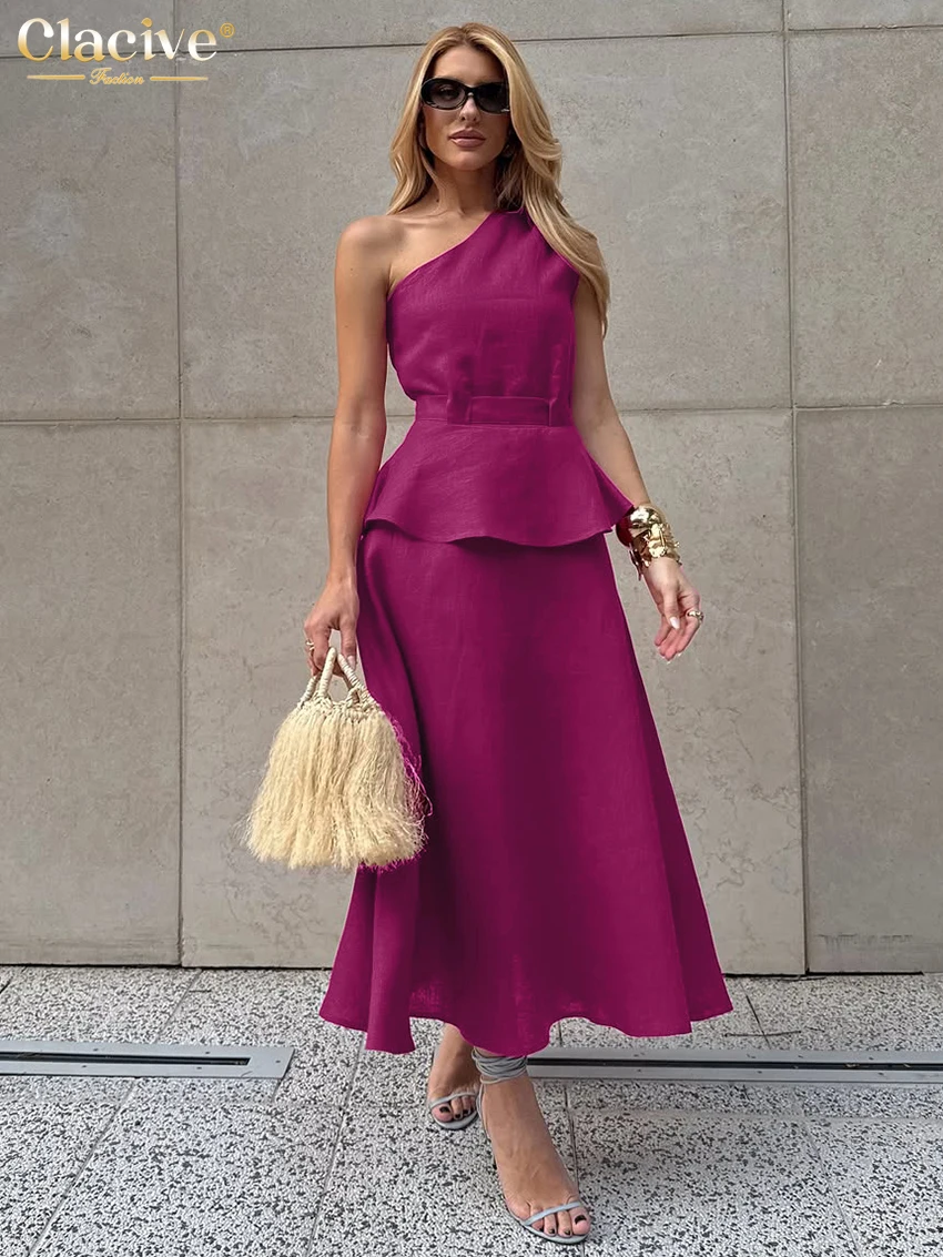 Clacive Summer Loose Purple Cotton Skirt Sets Woman 2 Pieces 2026 Sexy Sleeveless Tank Top With High Waist Long Skirt Set Female view 2