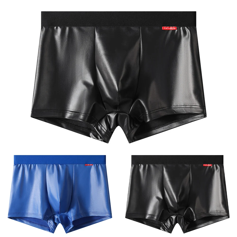 Fashion Casual Men Faux Leather Boxer Briefs Underwear Tight Fit Panties Comfortable Bulge Pouch Boxers Shorts