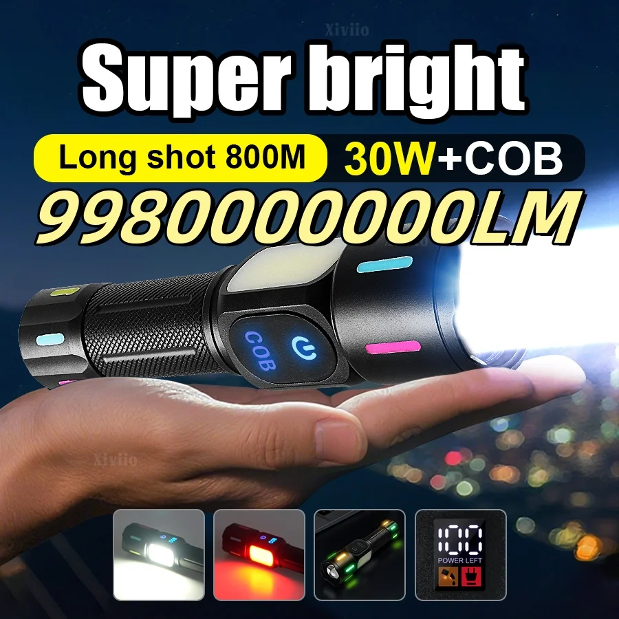 LED Flashlight Rechargeable High Lumens Magnetic Torch with COB Work Light Zoomable Flashlight with Glow Strips Camping Hiking