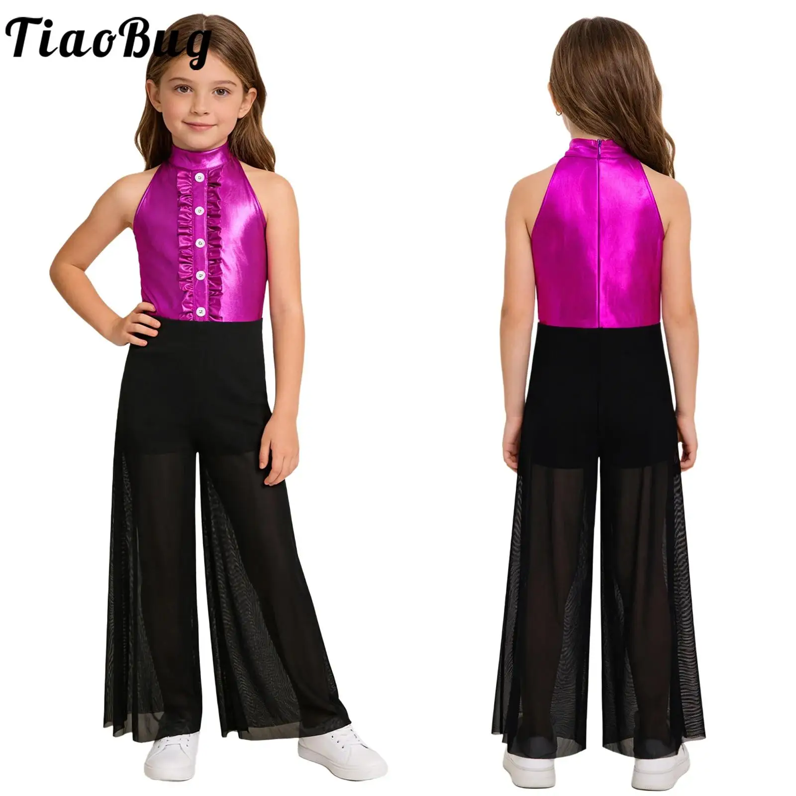 Kids Girls Jazz Dance Tango Chacha Jumpsuit Sleeveless Ruffles Metallic Bodice Mesh Wide-Leg Bodysuit Ballroom Latin Dancewear