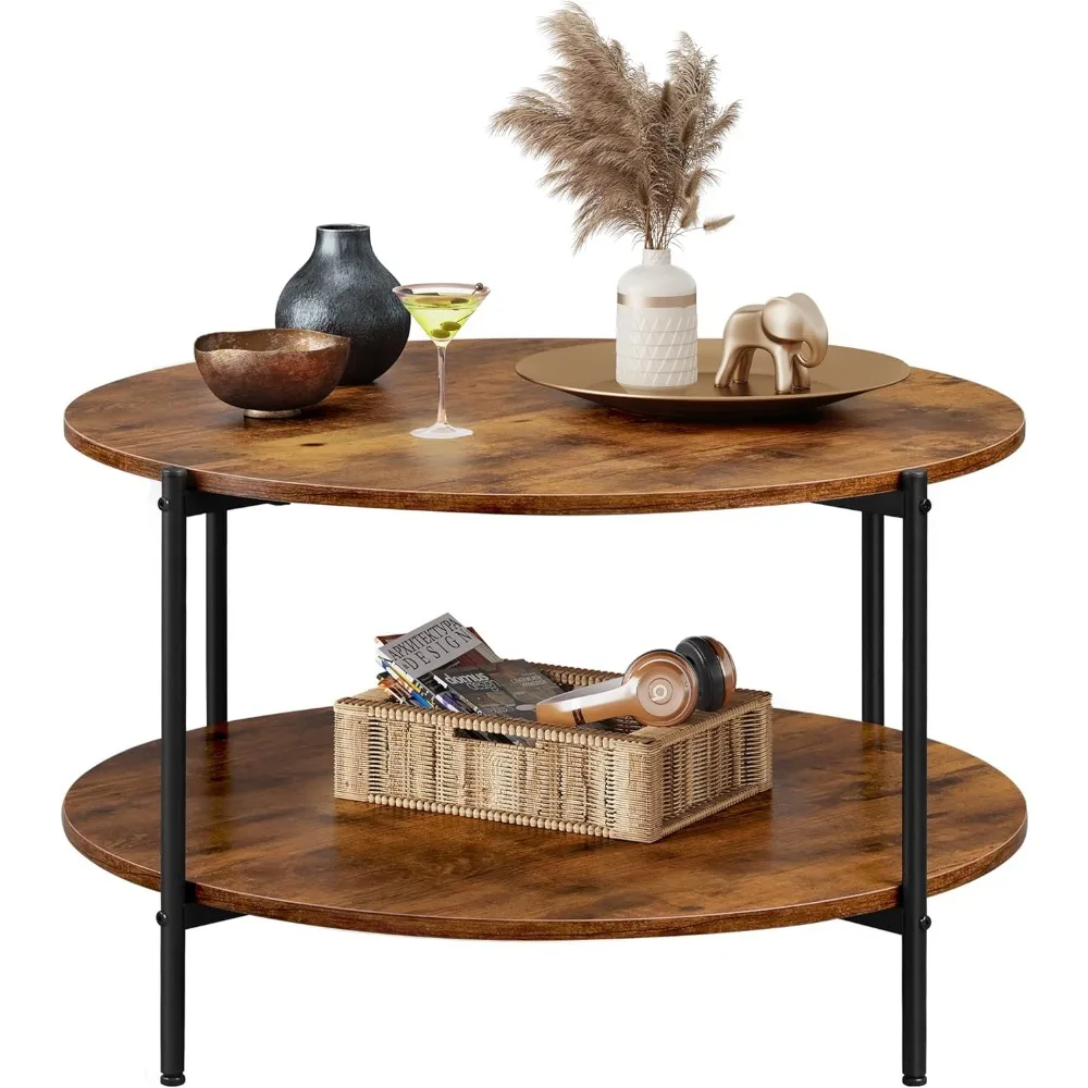 

Round Coffee Table, Living Room Table with 2-Tier Storage Shelf, 32in Wood Modern Coffee Table with Meustic Brown.