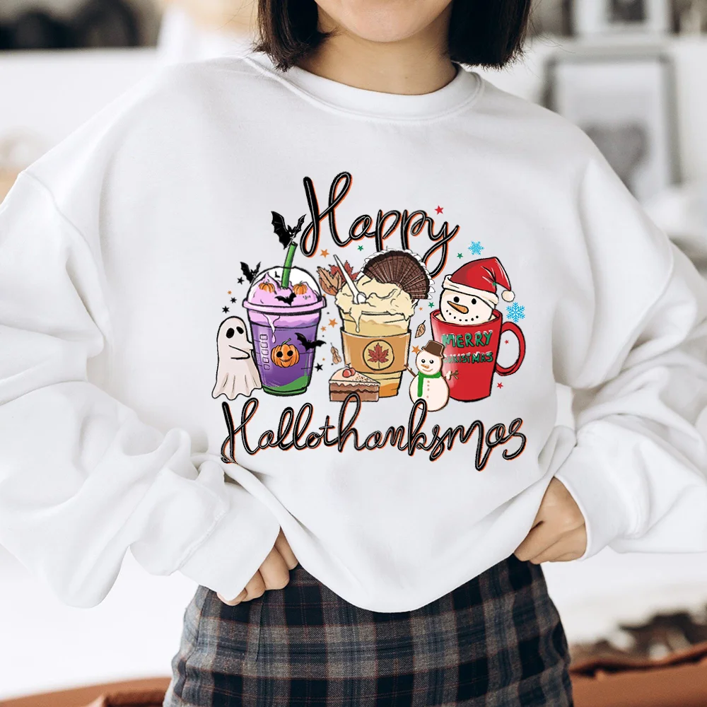 Happy Hallothanksmas Sweatshirt Women Christmas Sweatshirts Thanksgiving Shirt Coffee Pumpkin Spice Iced Snowmen Sweater