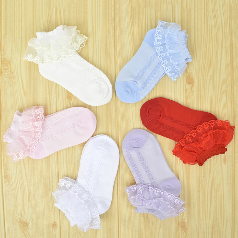 Chaussettes de danse antidérapantes pour enfants, chaussettes courtes d\'été en coton pour enfants, respirantes, maille fine, à volants blancs, pour