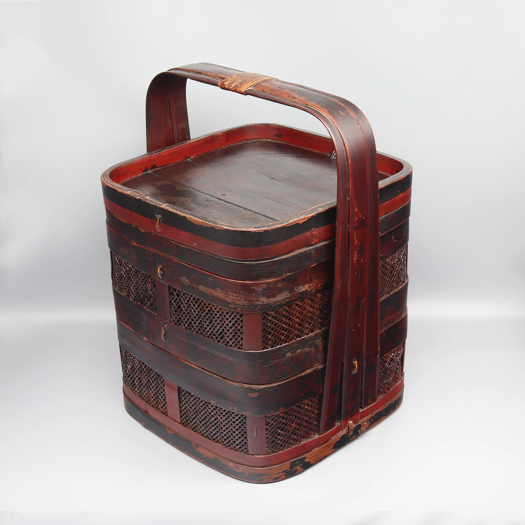 

Old 2 Layers Bamboo Basket, Antique Food Carrier