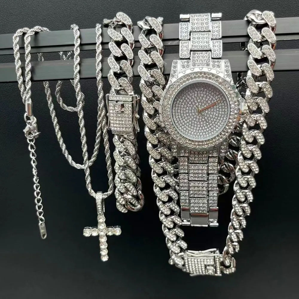 

4 шт./компл. комплект ювелирных изделий, роскошные мужские часы с кристаллами, блестящие стальные мужские наручные часы, кварцевые Relogio, женские часы Hombre Montre
