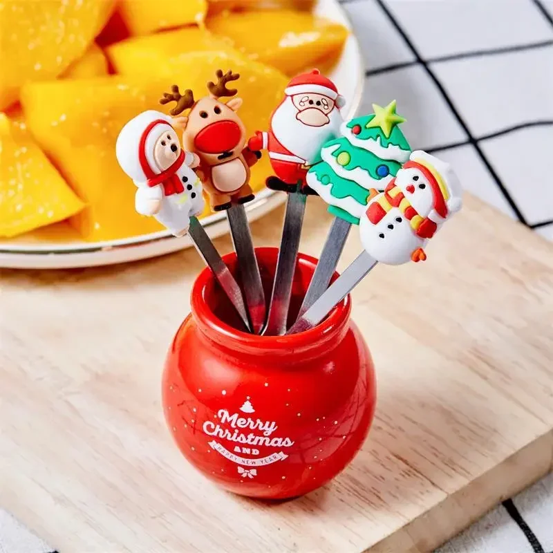 5Pcs/Set Christmas Fruit Fork Stainless Cartoon Santa Claus Salad Stick Dessert For Party Decoration Accessories Vegetable Forks