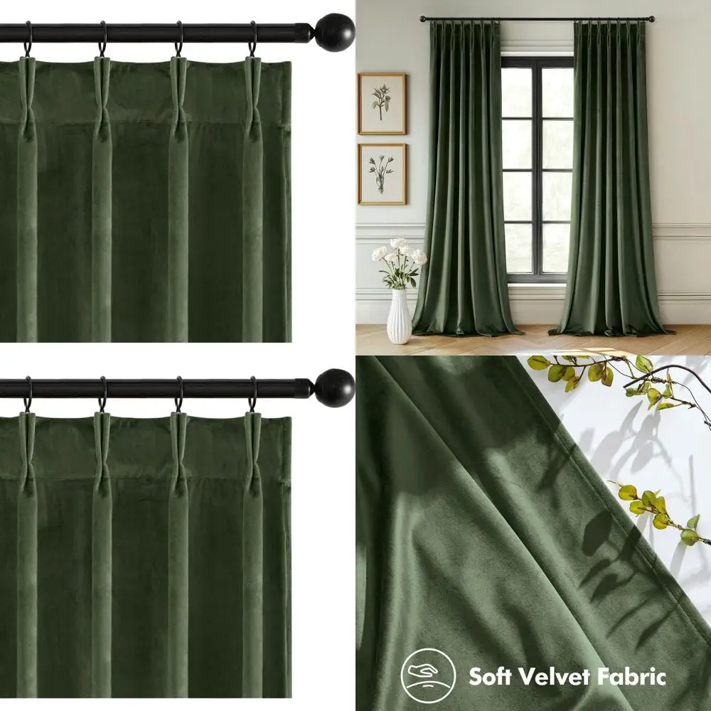 

96 Long Olive Green Velvet Pinch Pleat Blackout Curtains, Thermal Insulated Drapes with Hooks, 2 Pack for Bedrooms & Living Room