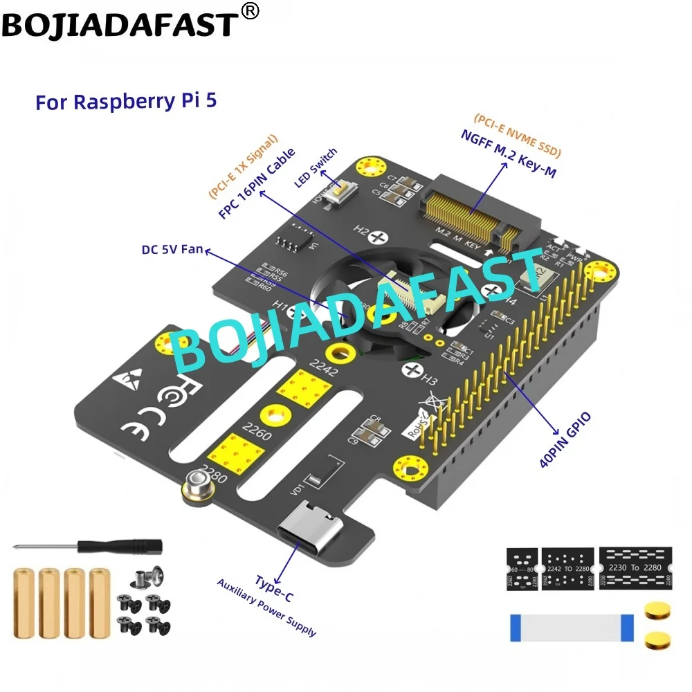 

Адаптер NGFF M.2 Key-M Key B + M NVMe 2280 M2 SSD с охлаждающим вентилятором и сигнальным кабелем PCI-E 1X для Raspberry Pi 5