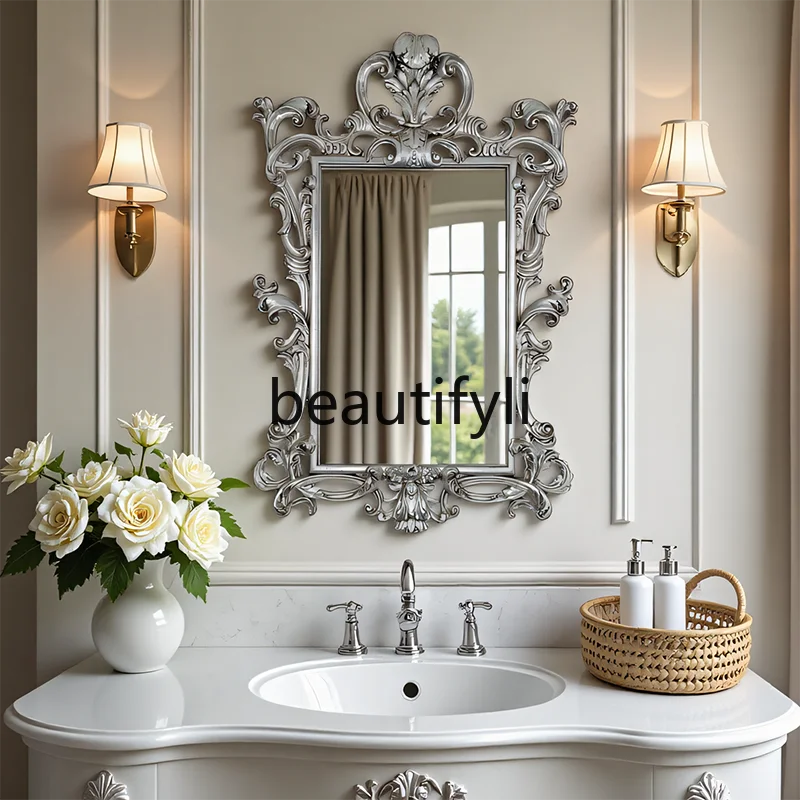

French Retro Bathroom Mirror Entryway Fireplace Decorative Mirror American Style Bathroom Wall Decor Mirror