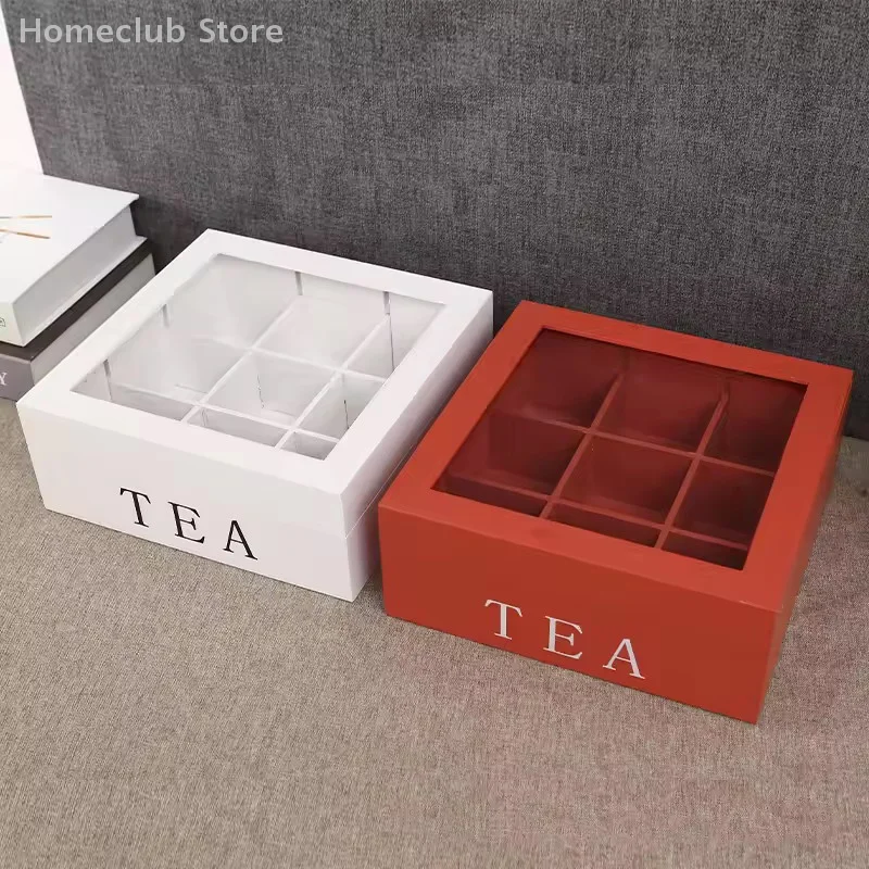 Wood Tea Bag Storage Box With Clear Lid 9 Compartments Square Container Desktop Jewelry Organizer Tea Box Case