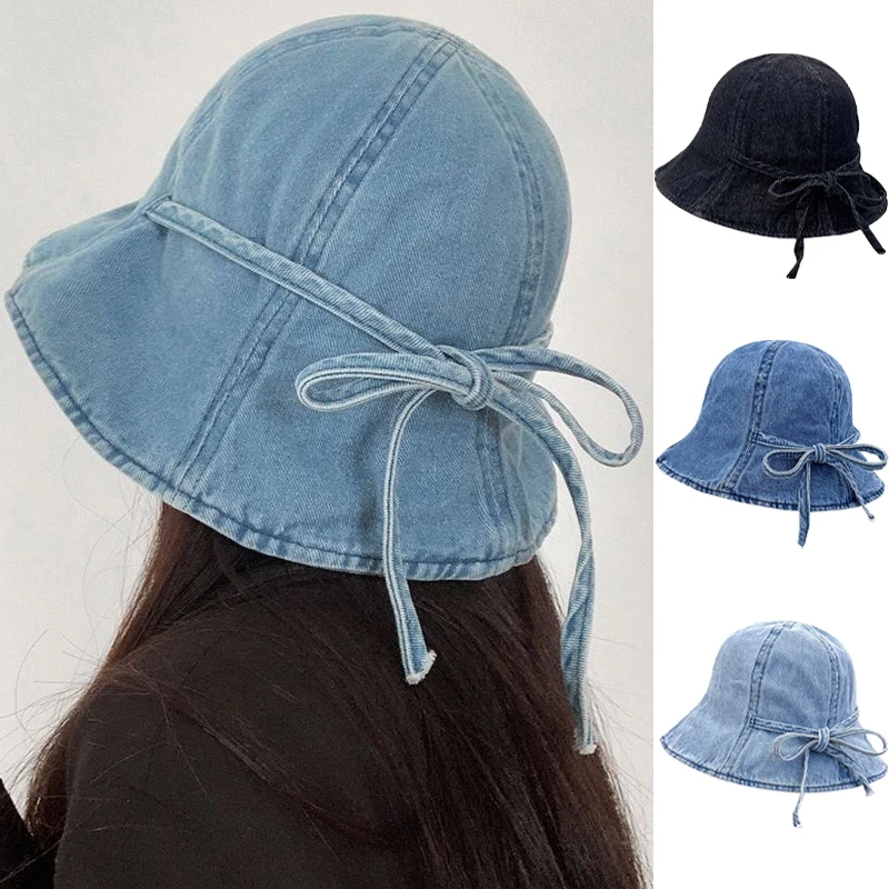 Sombreros de cubo de mezclilla con correa de lazo para mujer, gorra de pescador de algodón, sombrero de lavabo Retro versátil informal con cordones