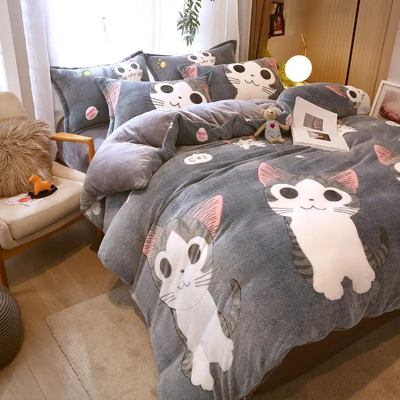 Bonenjoy 1pc Flannel Duvet Cover Cartoon Cats Quilt Cover for Kids Winter Warm housse de couette220x240cm (without pillowcase)