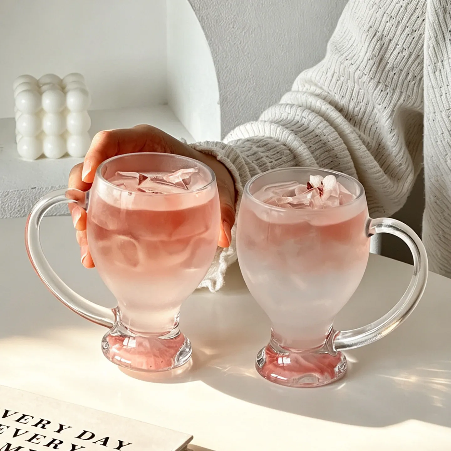 Premium Home Juice Glass Pink Faceted Bottom Beer Mug Women Handle Drinking Cups 2026 New High Beauty Juice Glasses