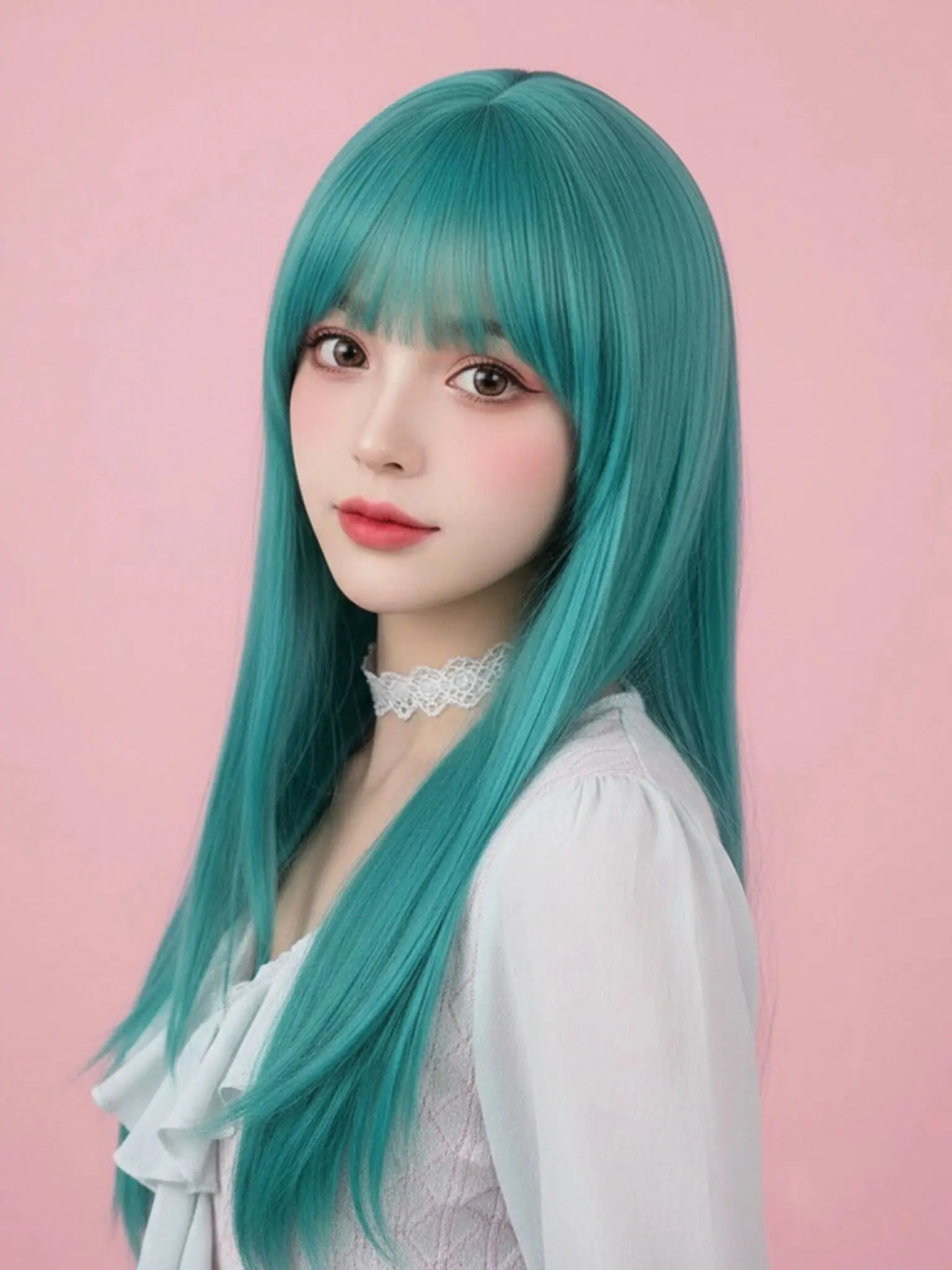 Synthetische lange gerade blaugrüne Cosplay-Perücke mit Pony für Frauen, tägliche Lolita-Party, Cosplay, Kunsthaar, hitzebeständig