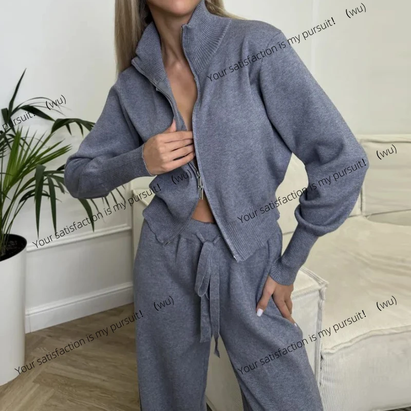 

Женский свитер с высоким воротником, универсальный, модный, темпераментный, элегантный, на молнии, вязаный комплект из 2 предметов.