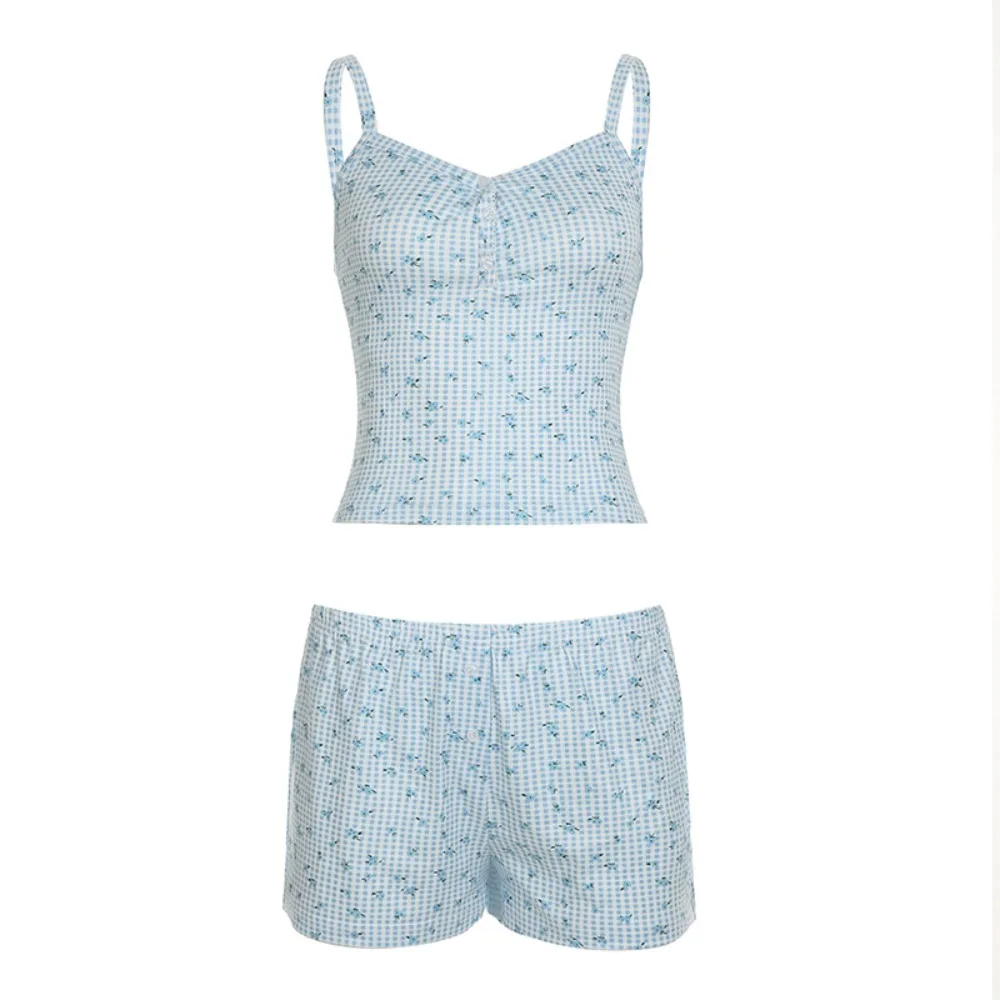 

Fashion Sweet Short Sleeved Pajamas Set Floral Camisole Two Pieces Nightwear Plaid Homewear Summer Nightdress Women Indoor