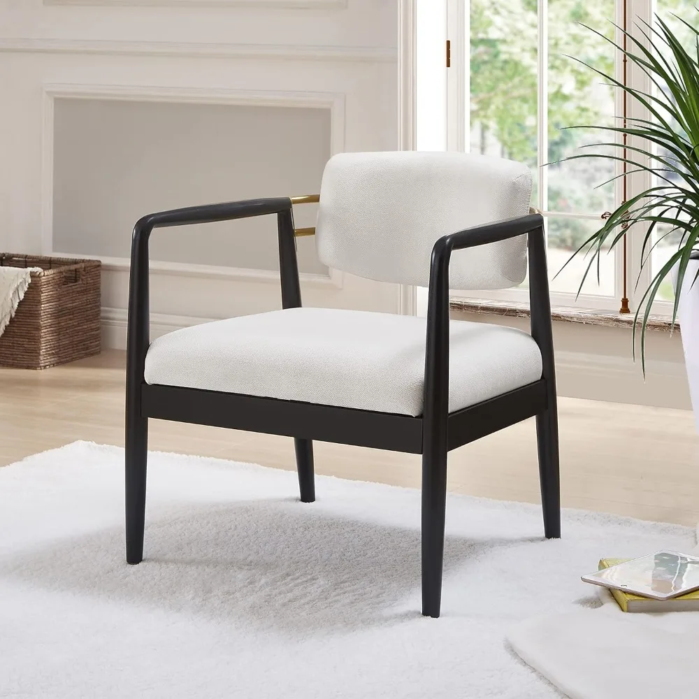 كرسي نادي منجد أنيق بإطار خشبي، كرسي بذراعين جانبي مريح باللون العاجي #6