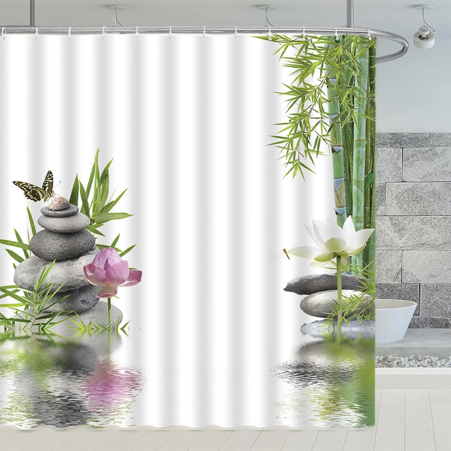 

Spring Landscape Shower Curtains Green Bamboo Lotus Butterfly Dragonfly Japanese Meditation SPA Themed Bathroom Decor Polyester