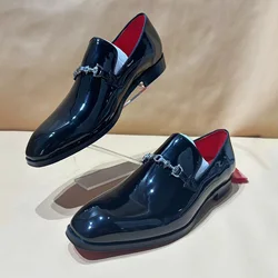 Men's Patent Leather Calf Leather Party Wedding Shoes Shiny Metal Buckle Chain Men Slip On Luxury Oxford Causal Dress Shoes