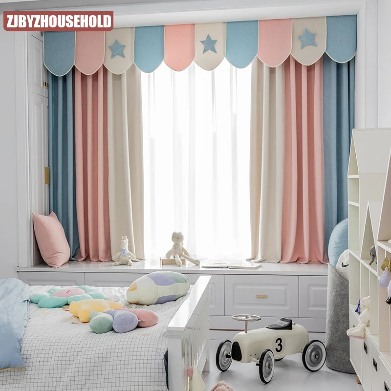 

Macaron Korean simple modern children's room bay window Curtains bedroom custom three-color stitching chenille solid color rhj