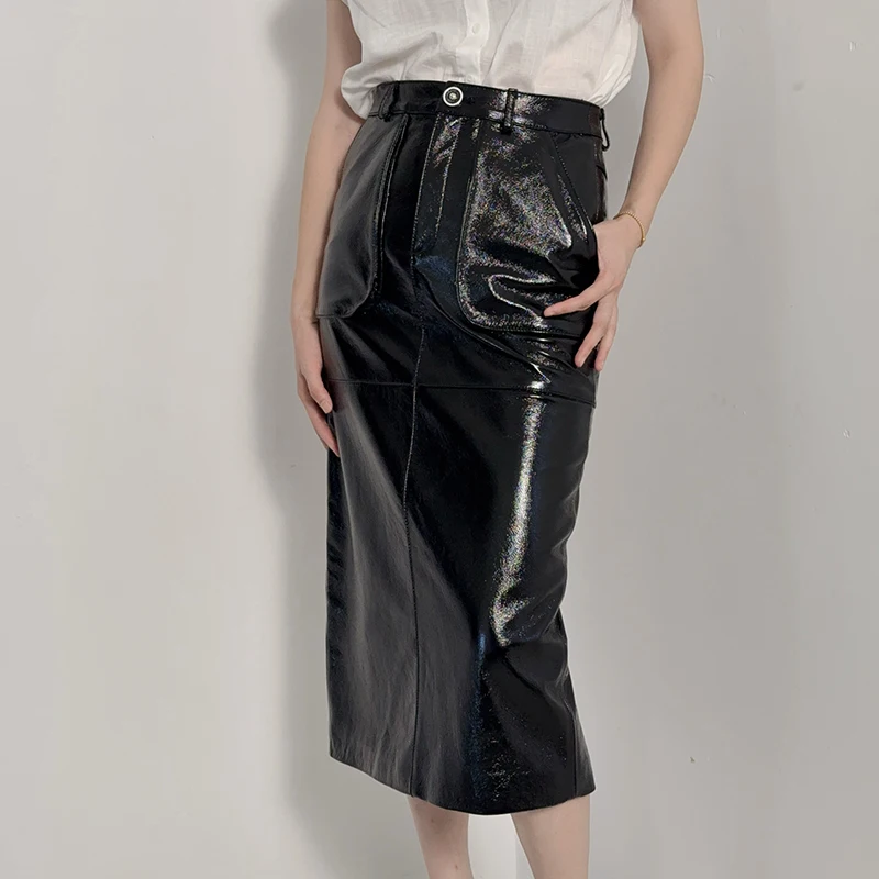 Black Long Skirt Spring Autumn Fashion Patent Leather Sheepskin Ladies High Waist Pocket Back Split Slim Straight Jupe Longue