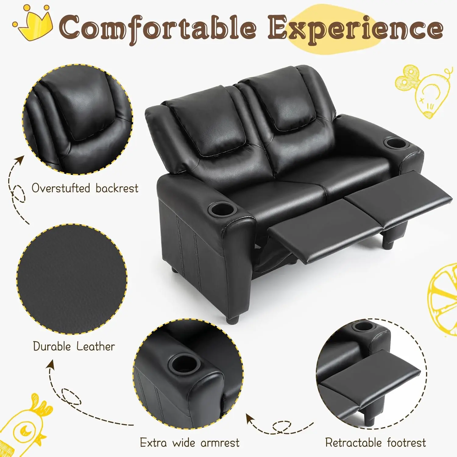 Kursi Recliner Anak, Loveseat Kulit PU dengan Tempat Cangkir, Sandaran Kaki & Sandaran Kepala yang Dapat Disesuaikan, Hitam