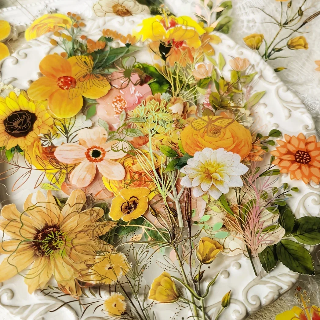 40sheets/pack Transparent PET Stickers Scrapbooking Materials DIY Junk Journal Collage Floral Leaves Plants Decor Stickers