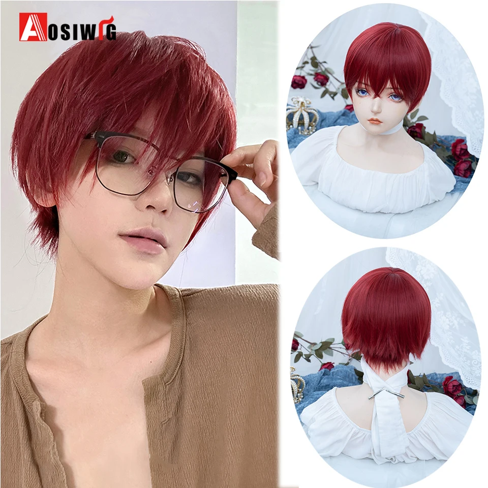 AOSIWIG Short Straight Cosplay Men Boy Party Red Black Yellow Synthetic Heat Resistant Hair Wigs Men\'s Breathable Wig