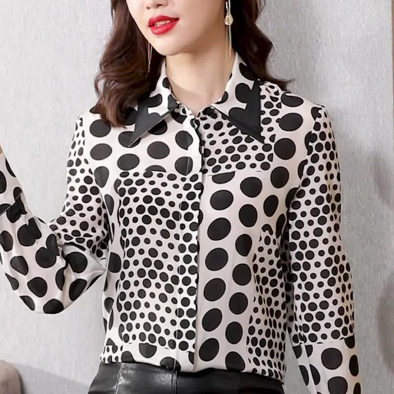 

Women Chic Polka Dot Printed Chiffon Shirts Spring New Loose Turn-down Collar French Fashion Blouse Female Top