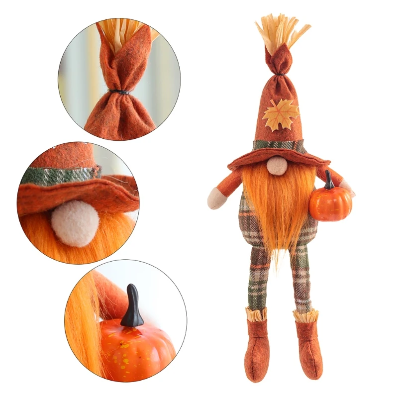 

H55A Cute Harvest Festival Maple Leaf Scarecrow Long-Legged Dwarf Doll Ornaments Gnome Spring Flowers Elf Home Farmhouse Kitchen