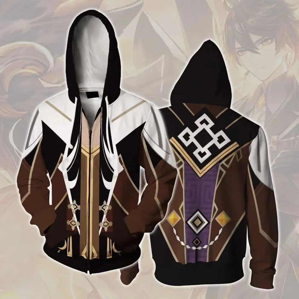 Genshin impacto cosplay hoodies outono inverno nova jaqueta masculina com capuz moda casual zíper moletom impressão feminino cosplay jaqueta
