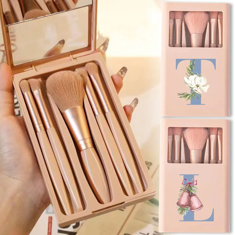 5Pcs Portable Makeup Brushes Kit With Mirror Travel Organizer Holder Cosmetic Brush Box Set Beauty Tool Case Blue Letter Pattern