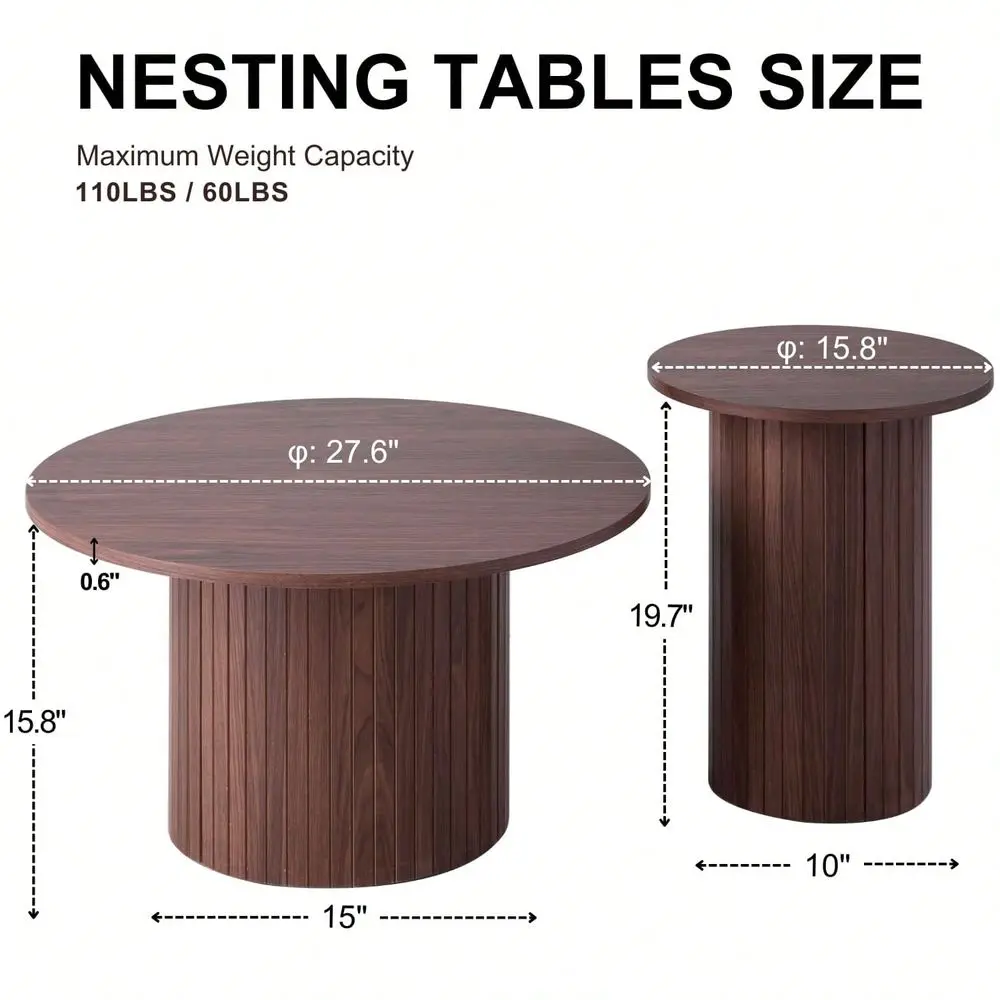 Nesting Coffee Tables Set Of 2, Boho Wood Circle Side Table Fluted Drum, Farmhouse End Table For Living Room Bedroom, Apartment