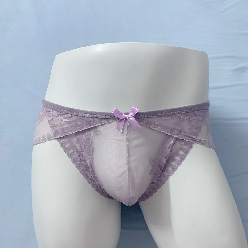 Men's Lace Briefs Ultra-Thin Seamless Transparent Underwear Large Size U Convex Sissy Panties Floral See Through Lingerie - Image 4