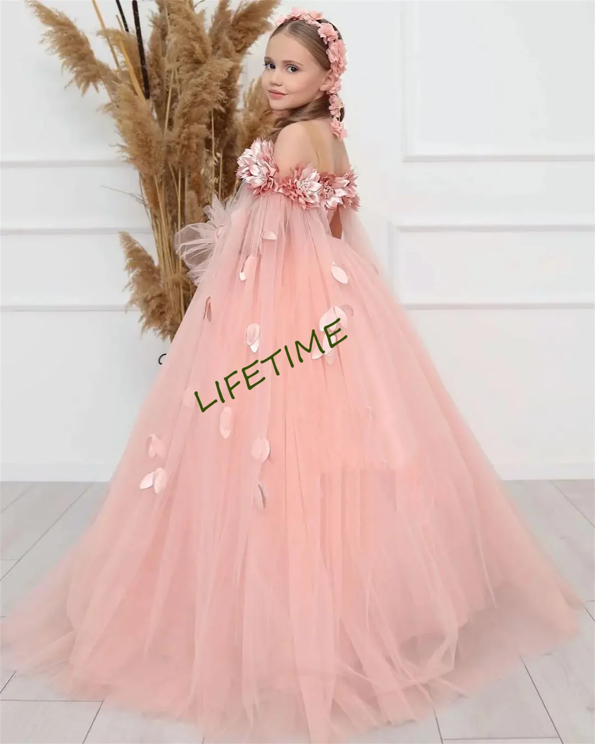 

Flower Girl Dress with Embroidery Floral Wrap Cape Princess Ball Gown Fluffy Skirt Tulle Fairy Junior Bridesmiad Prom