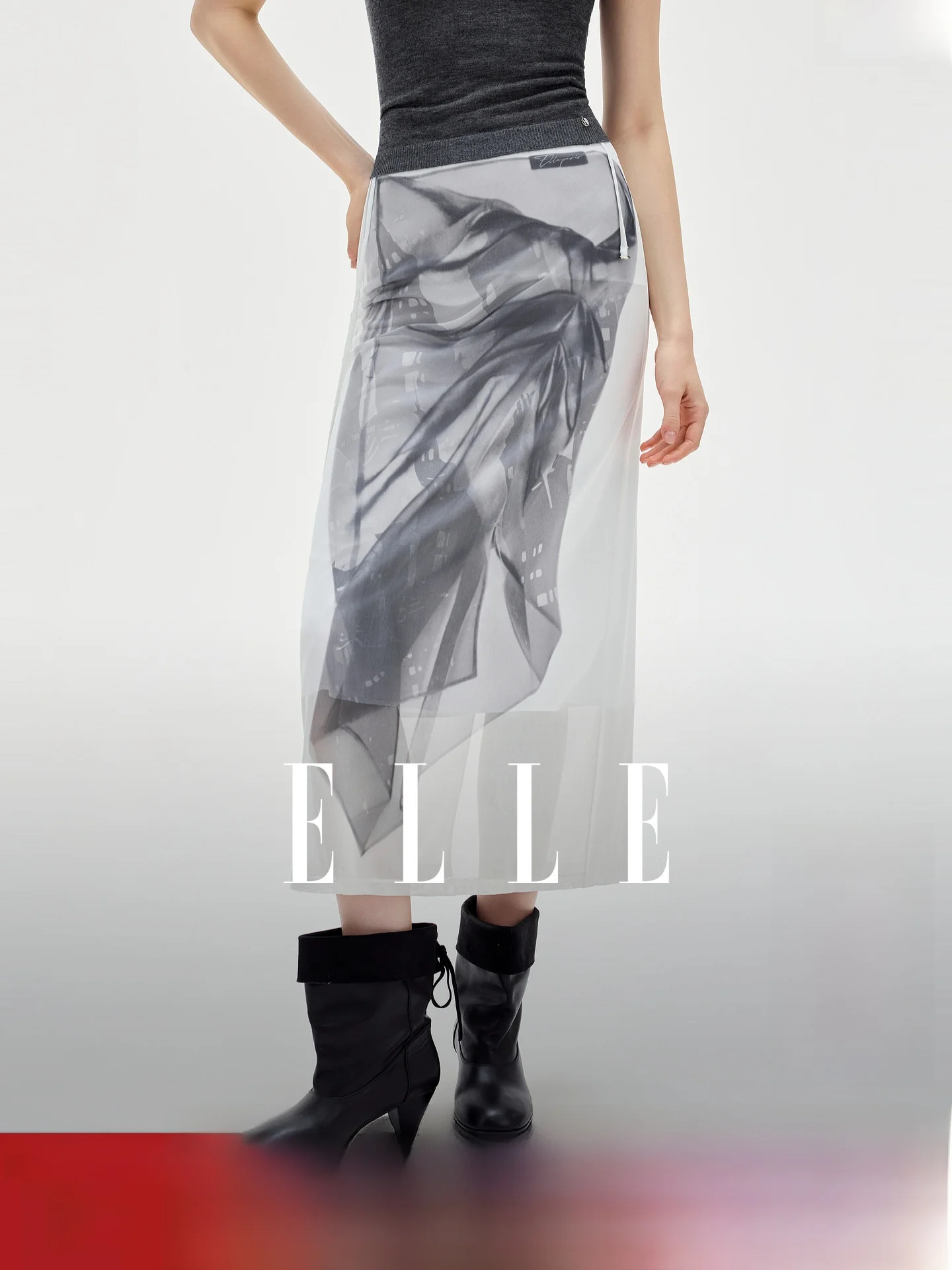 Modern ELLE Water-Media Print Mesh Half Skirt Women's Fashion Slim A-Line Long Skirt Summer New Style High Sensation Commute