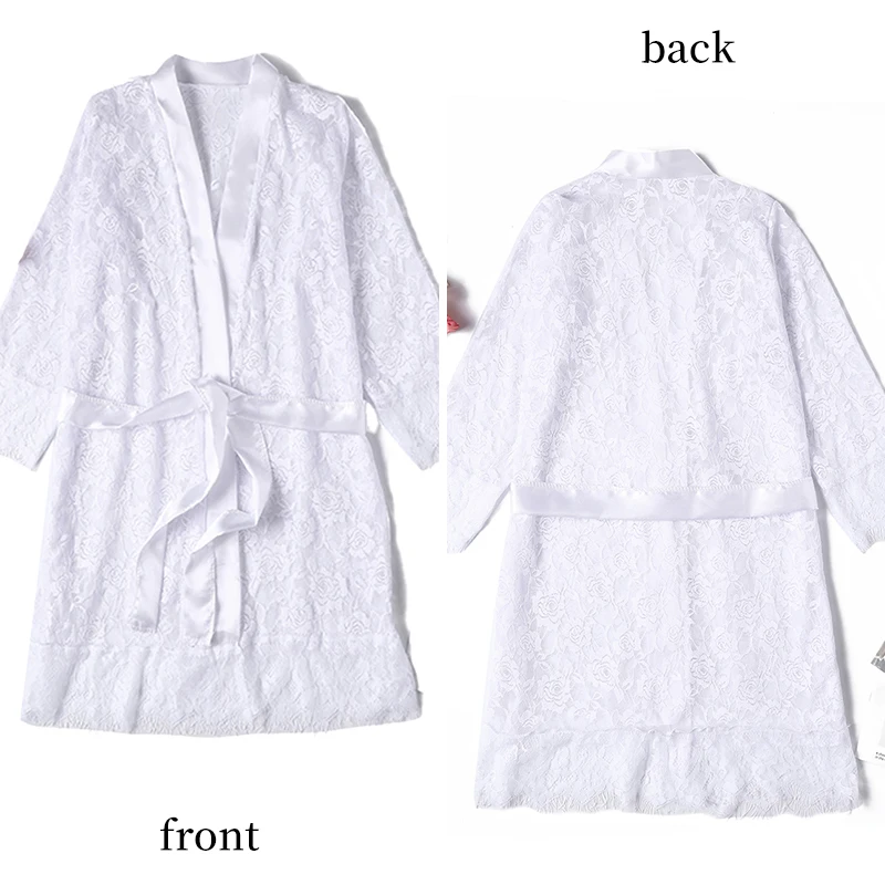 Ladies' Sexy Lace Long Robe Sleepwear with Hollowed out Embroidery Flowers Transparent Bathrobe with Belt Erotic Sleepwear Dress