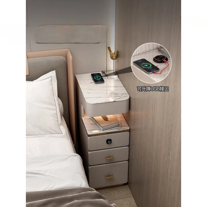 

Gray three-drawer bedside table, tall locked, wireless charging, Bluetooth speaker, design, three-drawer cabinet