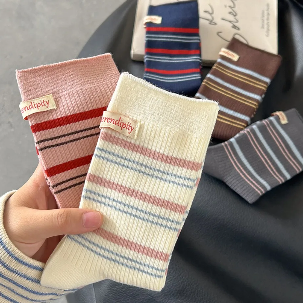 Color Matching Striped Women's Socks College Style School Girl Harajuku Y2k Middle Tube Socks Label Cotton Sports Socks