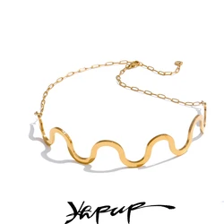 Yhpup Fashion Stainless Steel Wave Choker Necklace 18K Gold Color PVD Plated Popular Metal Distinctive Personality Jewelry