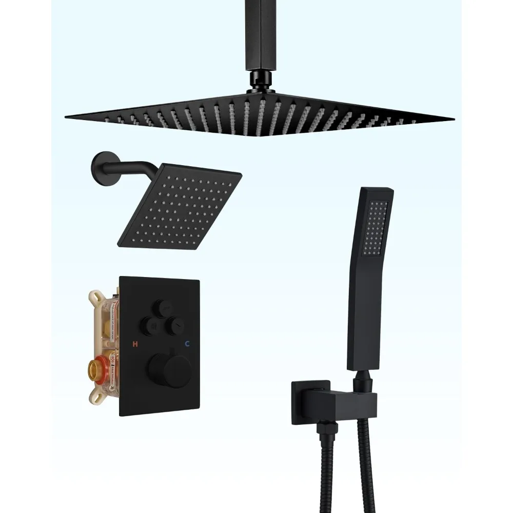 

Матово-черная термостатическая душевая система с двойной потолочной тропической насадкой и вариантами настенного крепления
