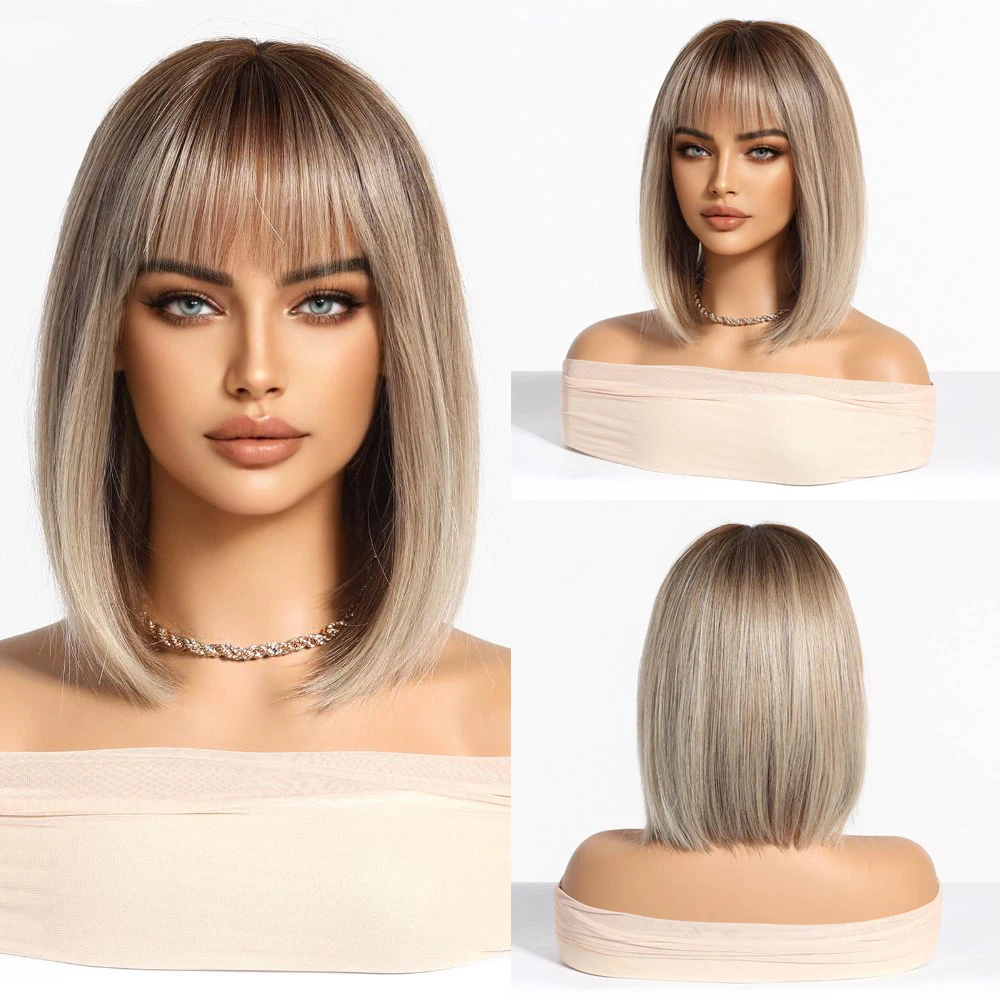 วิกผมบ๊อบสั้นตรงแบบสังเคราะห์คุณภาพสูง ขนาด 10 นิ้ว พร้อมหน้าม้า ทนความร้อนได้ดี เหมาะสำหรับผู้หญิง ใช้ได้ทุกวันและงานปาร์ตี้