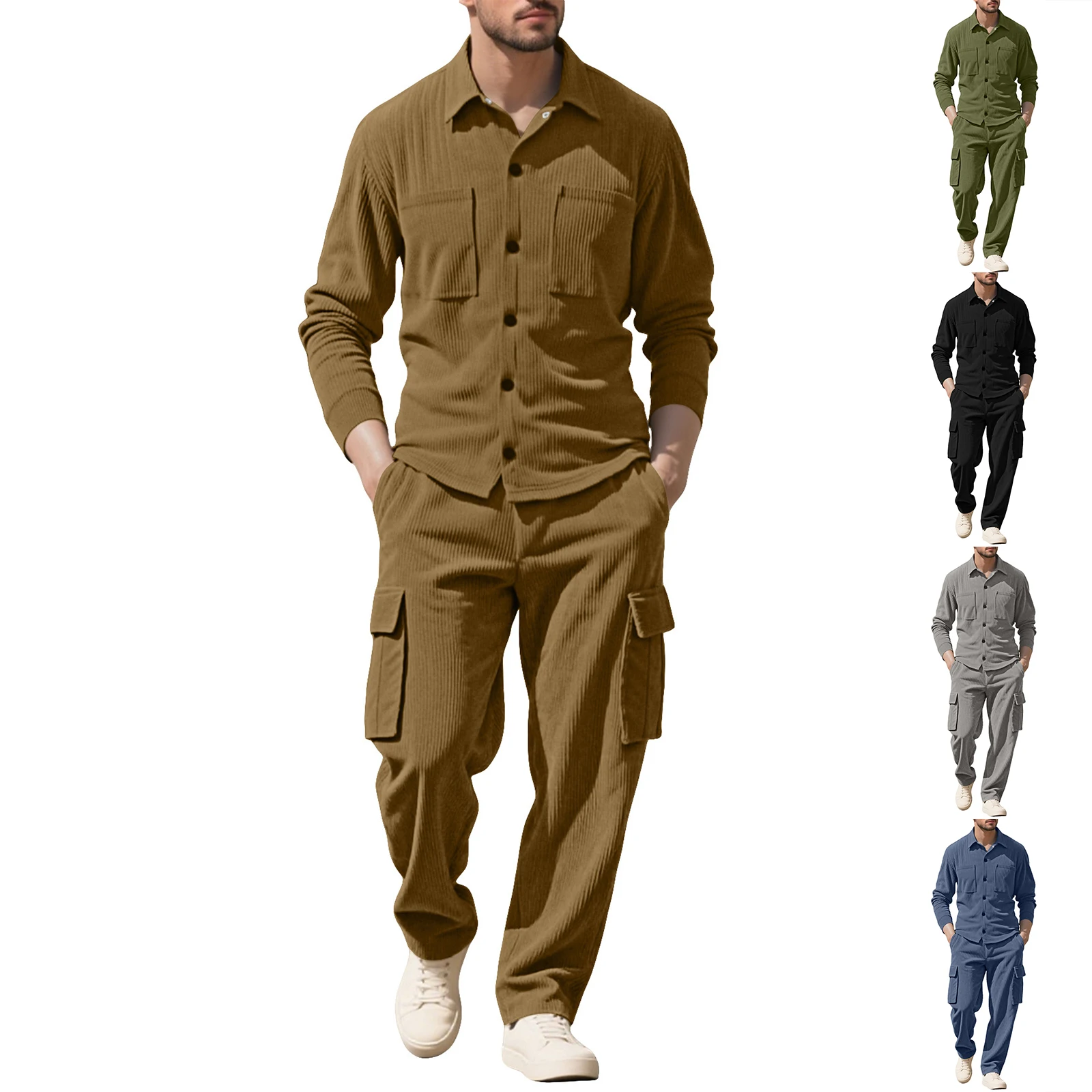 قميص رجالي بأكمام طويلة بنطلون عمل سروال قصير وبدلة غير رسمية للرجال للخريف والشتاء طباعة دافئة فضفاضة قطيفة سميكة #6