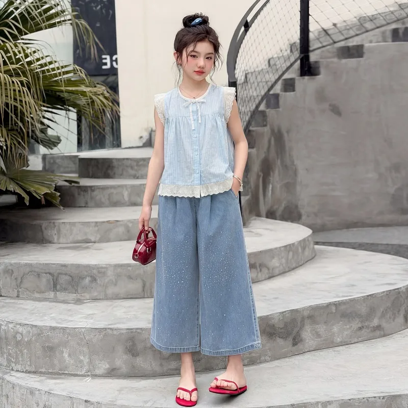 

Children Clothes Girls Summer 2026 Blue Stripe Lace Trim Sleeveless Top and Rhinestone Wide Leg Denim Pants Sweet