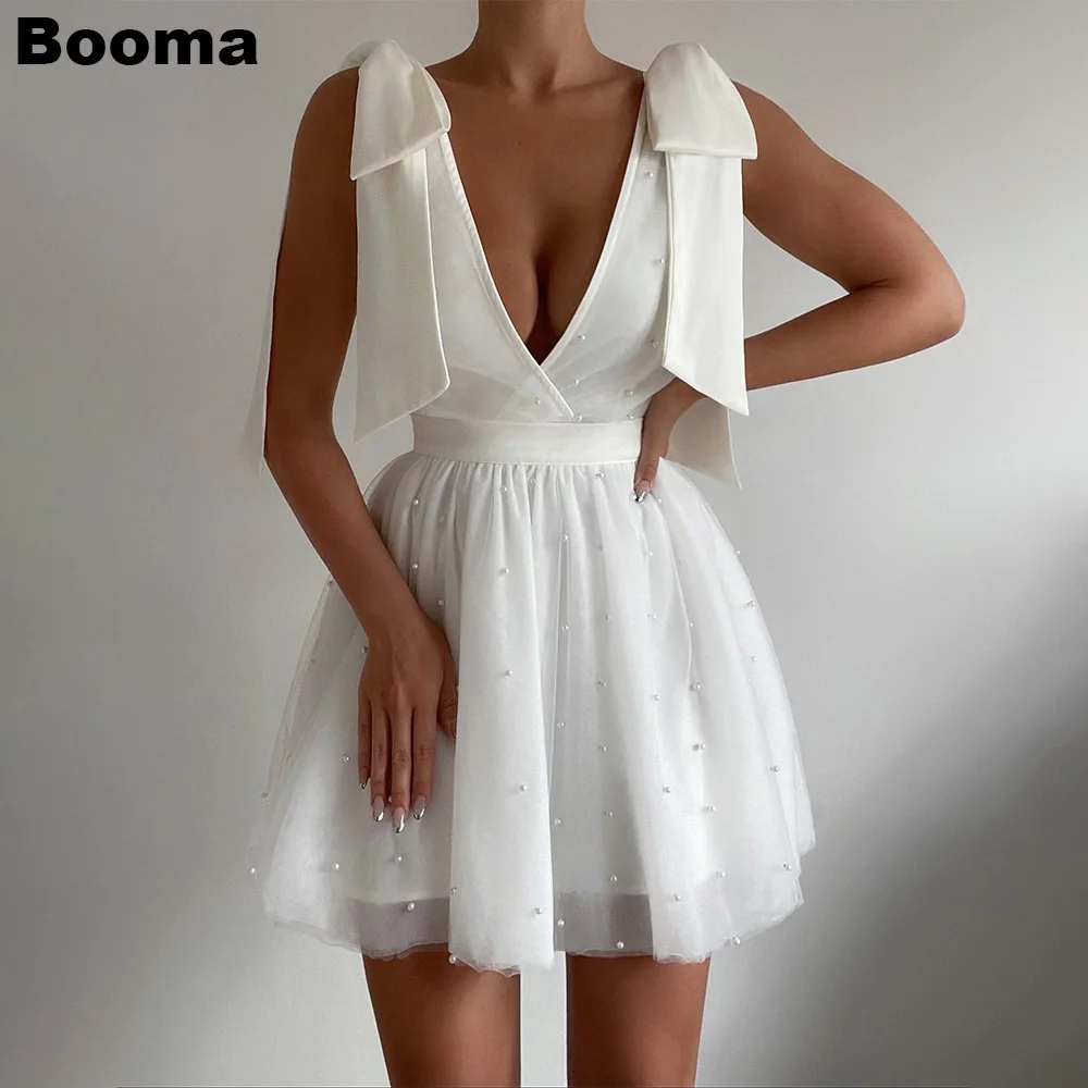 

Booma White A Line Cocktail Dresses Deep V Neck Strap Bow Pearl Mini Prom Dresses Party Events Gowns for Evening Club Night Wear