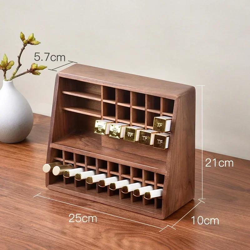 Organizador de maquiagem de nogueira preta de luxo, suporte de batom de grande capacidade, vitrine de brilho labial, caixa de armazenamento de cosméticos de alta qualidade