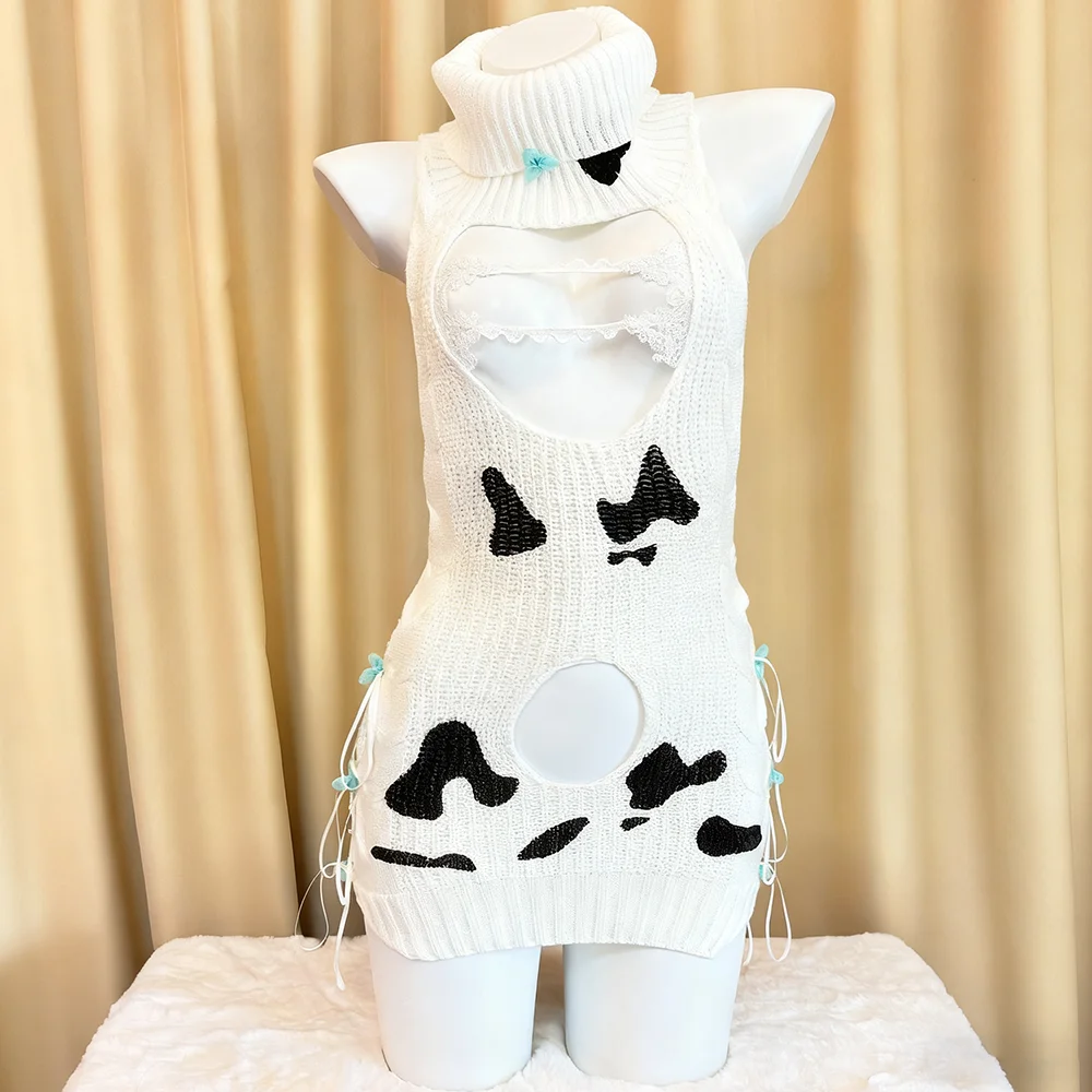 

Аниме Девушка Корова Косплей Костюм Водолазка Свитер с открытой спиной Платье Униформа горничной Одежда Сексуальное женское белье