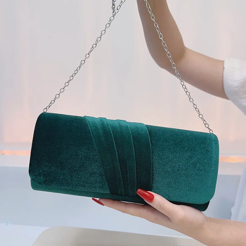 Vintage Elegant Red Green Velvet Evening Bag For Women Silver Color Chain Shoulder Bags Banquet Crossbody Wedding Party Clutch