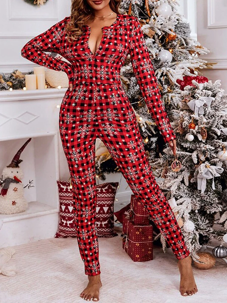 Women Christmas Pj Jumpsuit Long Sleeve Crew Neck Plaid/Snow Button Closure Bodysuit Loungewear Pajama Sleepwear